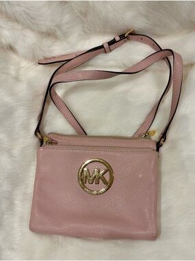 Michael Kors Blush Pink Pebbled Leather Crossbody with Gold MK Emblem